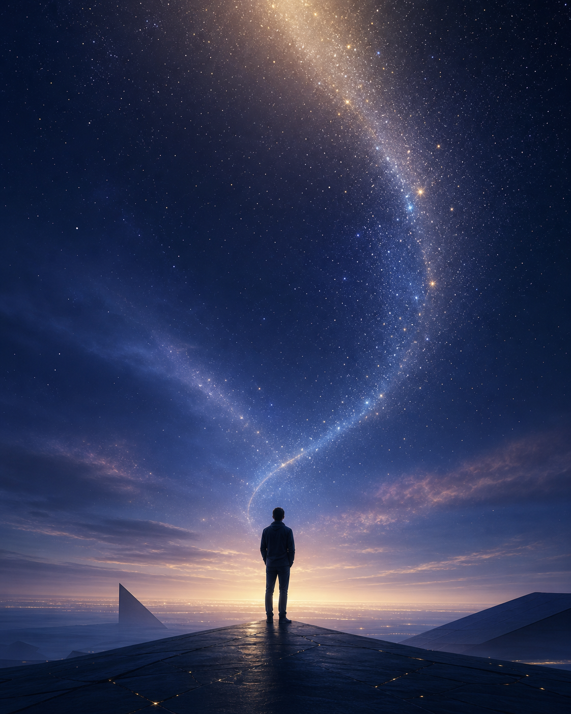 Pessoa contemplando um céu estrelado e luminoso